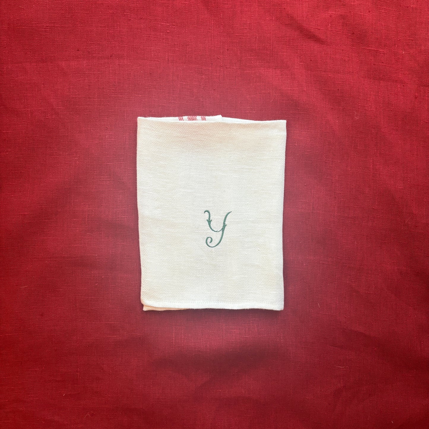Kitchen Towel in French Red with Fern Green Antique French Initial