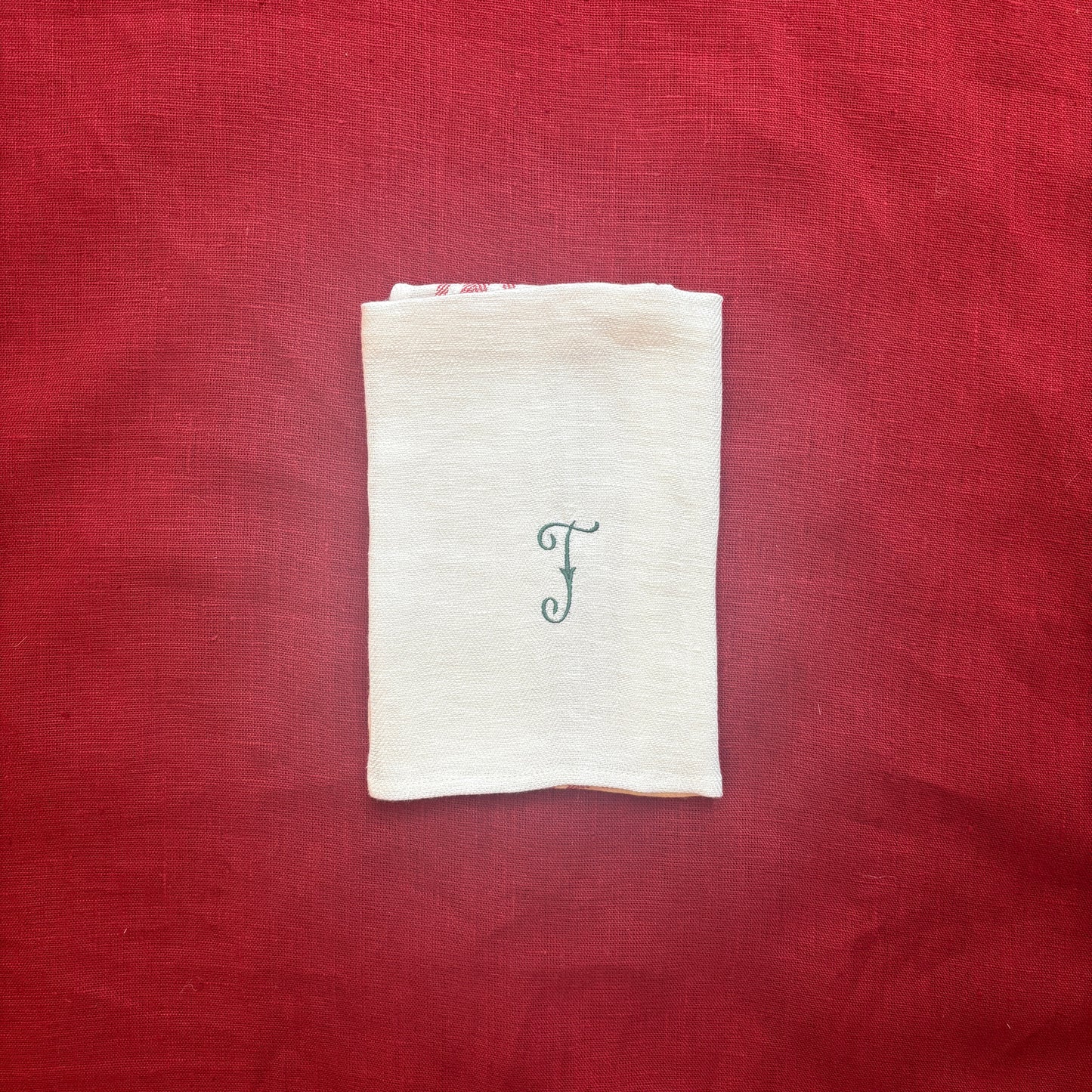 Kitchen Towel in French Red with Fern Green Antique French Initial