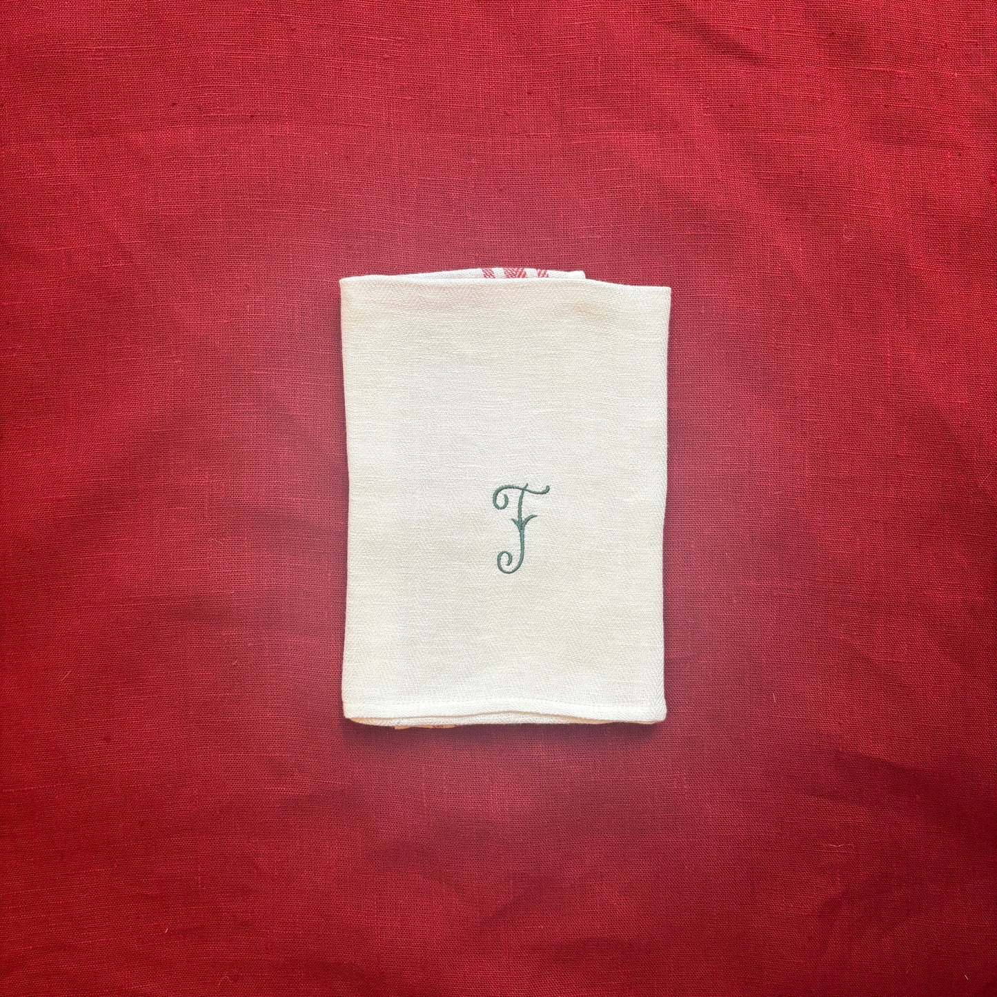 Kitchen Towel in French Red with Fern Green Antique French Initial