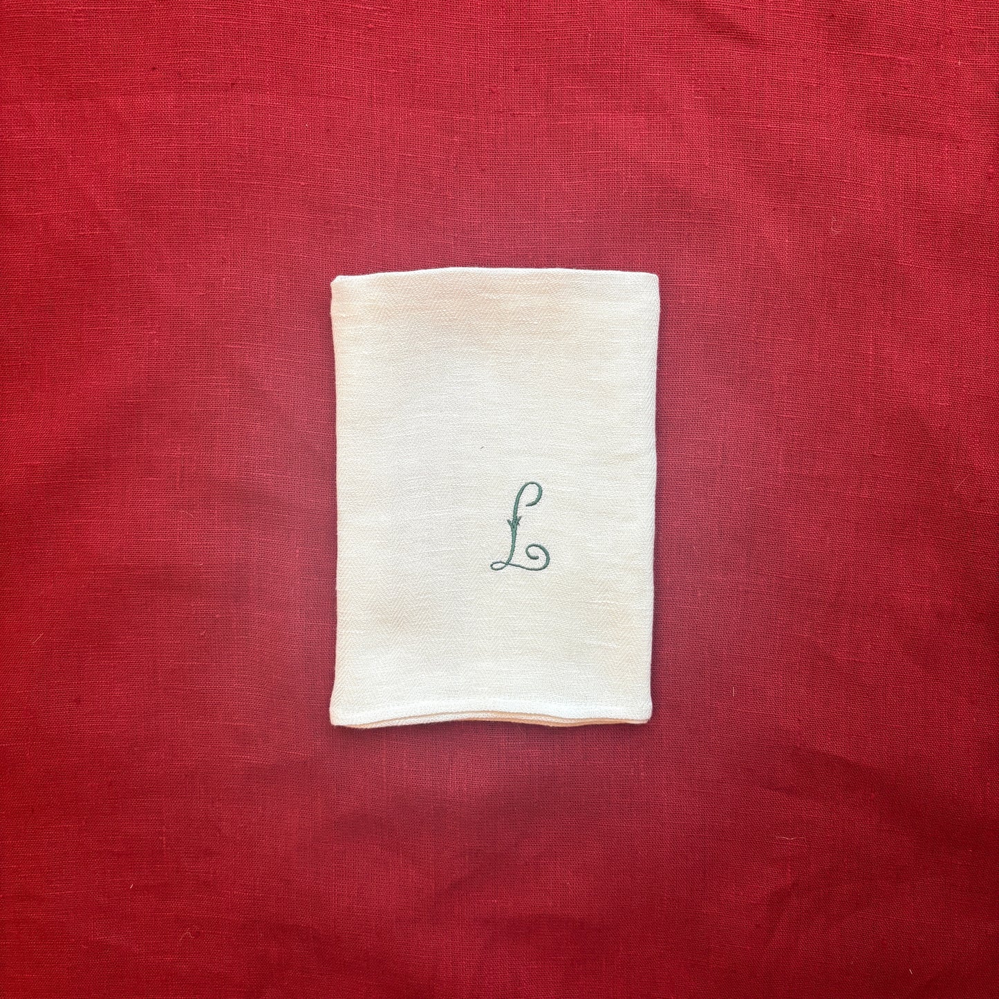 Kitchen Towel in French Red with Fern Green Antique French Initial