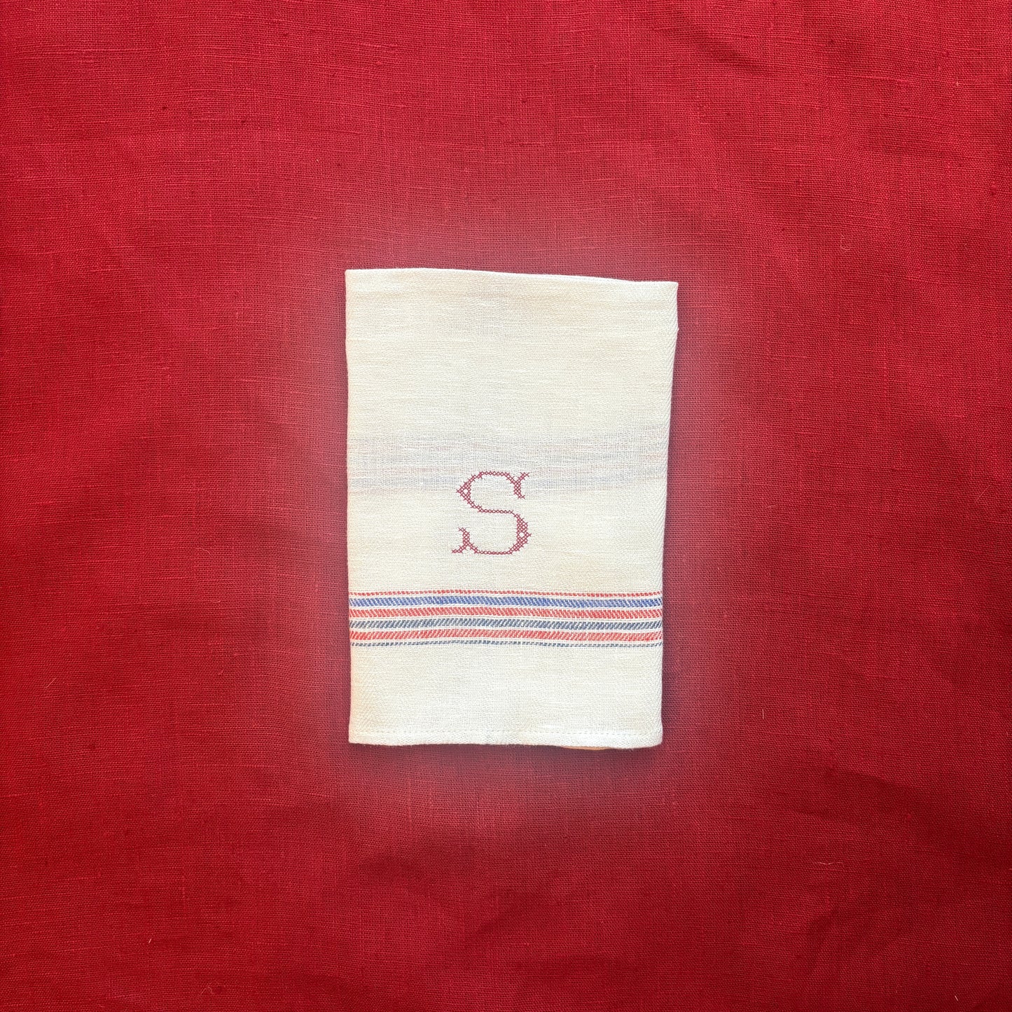 Kitchen Towel in French Red & Blue with Volga Red Cross Stitch Initial