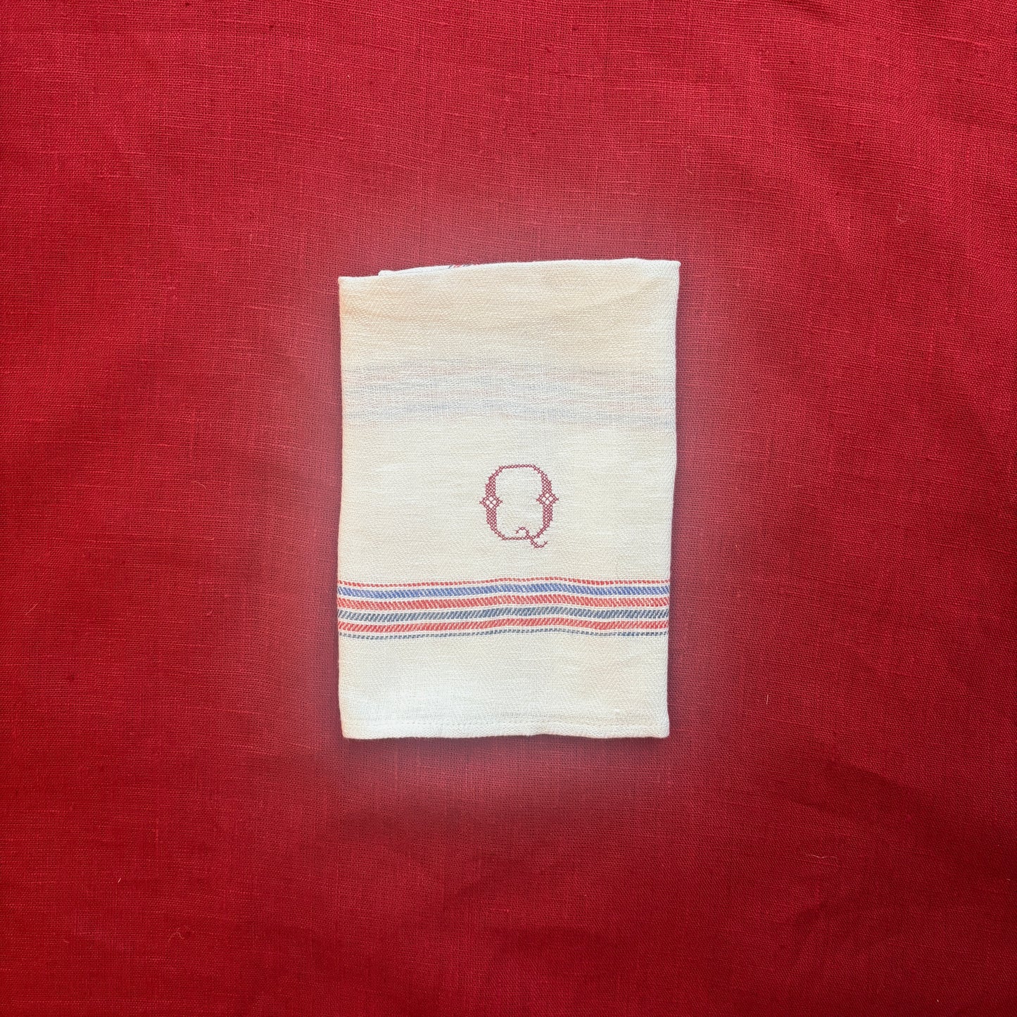 Kitchen Towel in French Red & Blue with Volga Red Cross Stitch Initial