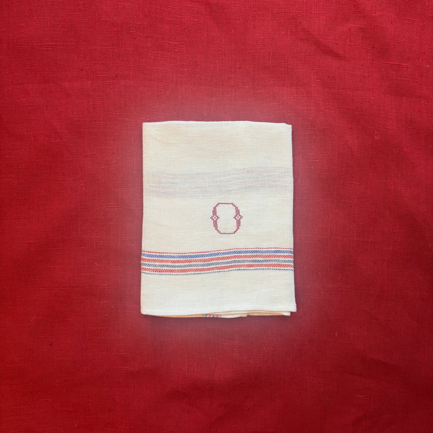 Kitchen Towel in French Red & Blue with Volga Red Cross Stitch Initial