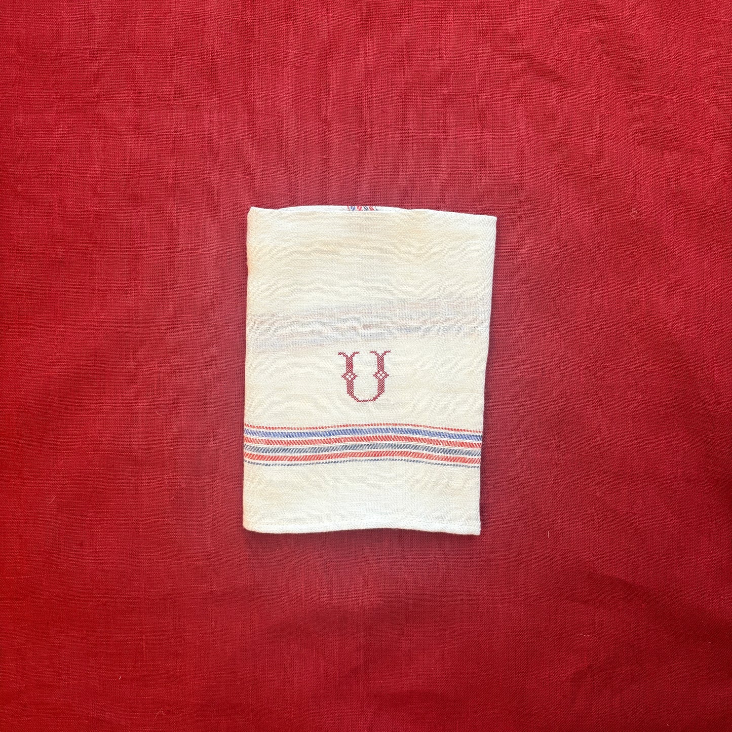 Kitchen Towel in French Red & Blue with Volga Red Cross Stitch Initial