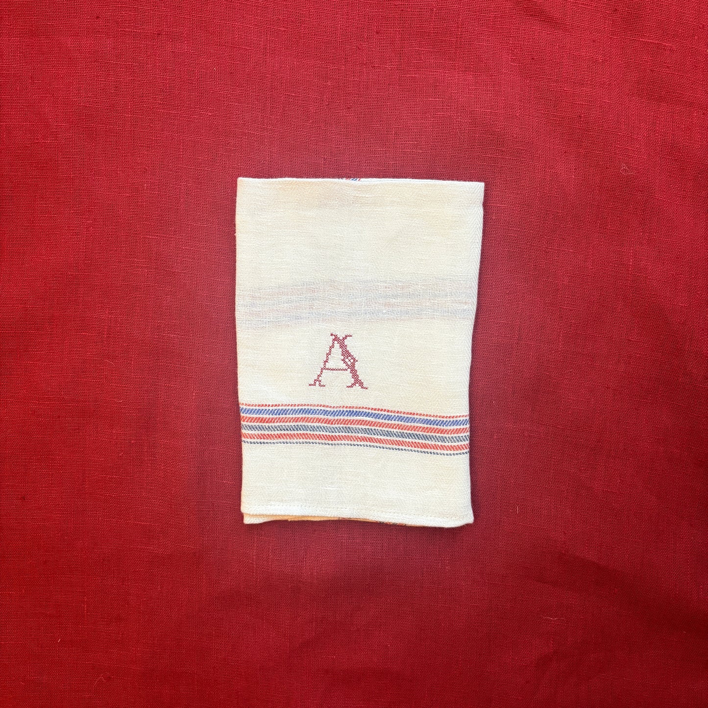 Kitchen Towel in French Red & Blue with Volga Red Cross Stitch Initial
