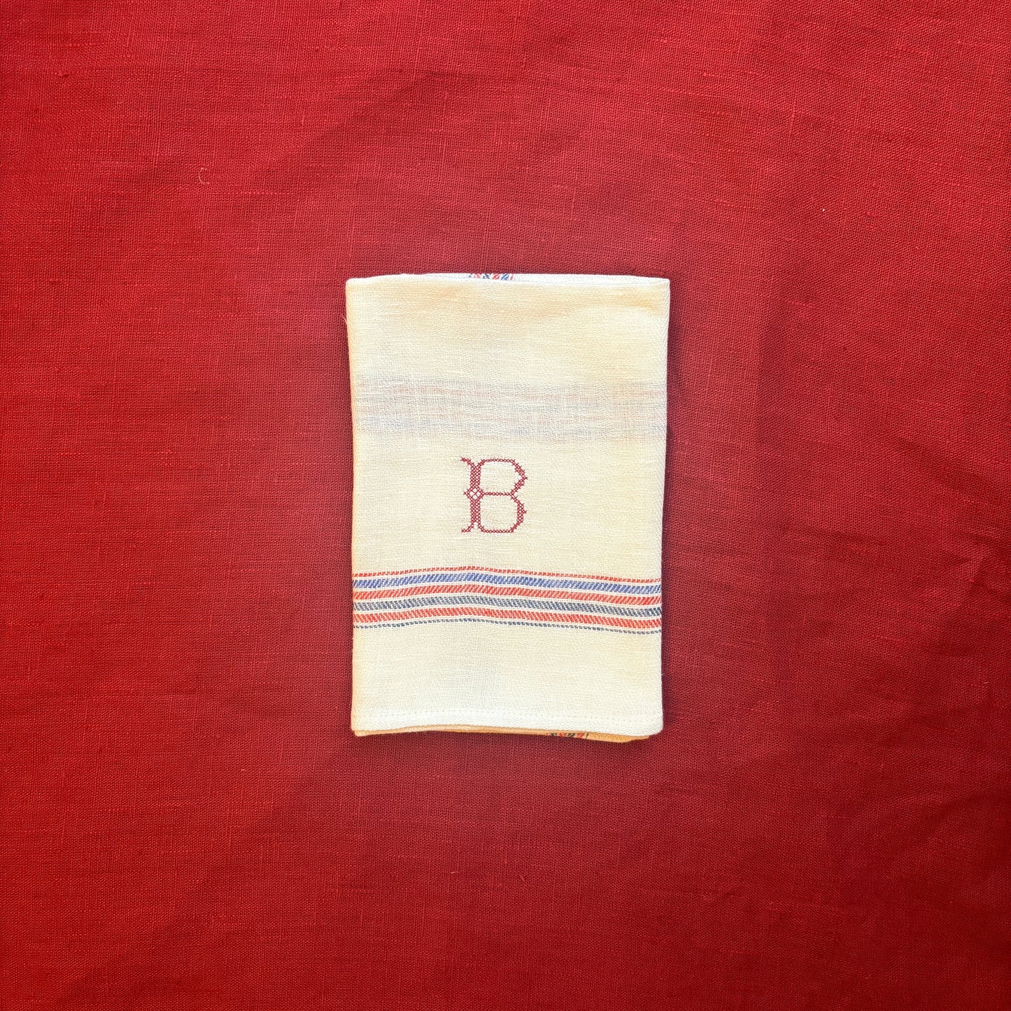 Kitchen Towel in French Red & Blue with Volga Red Cross Stitch Initial