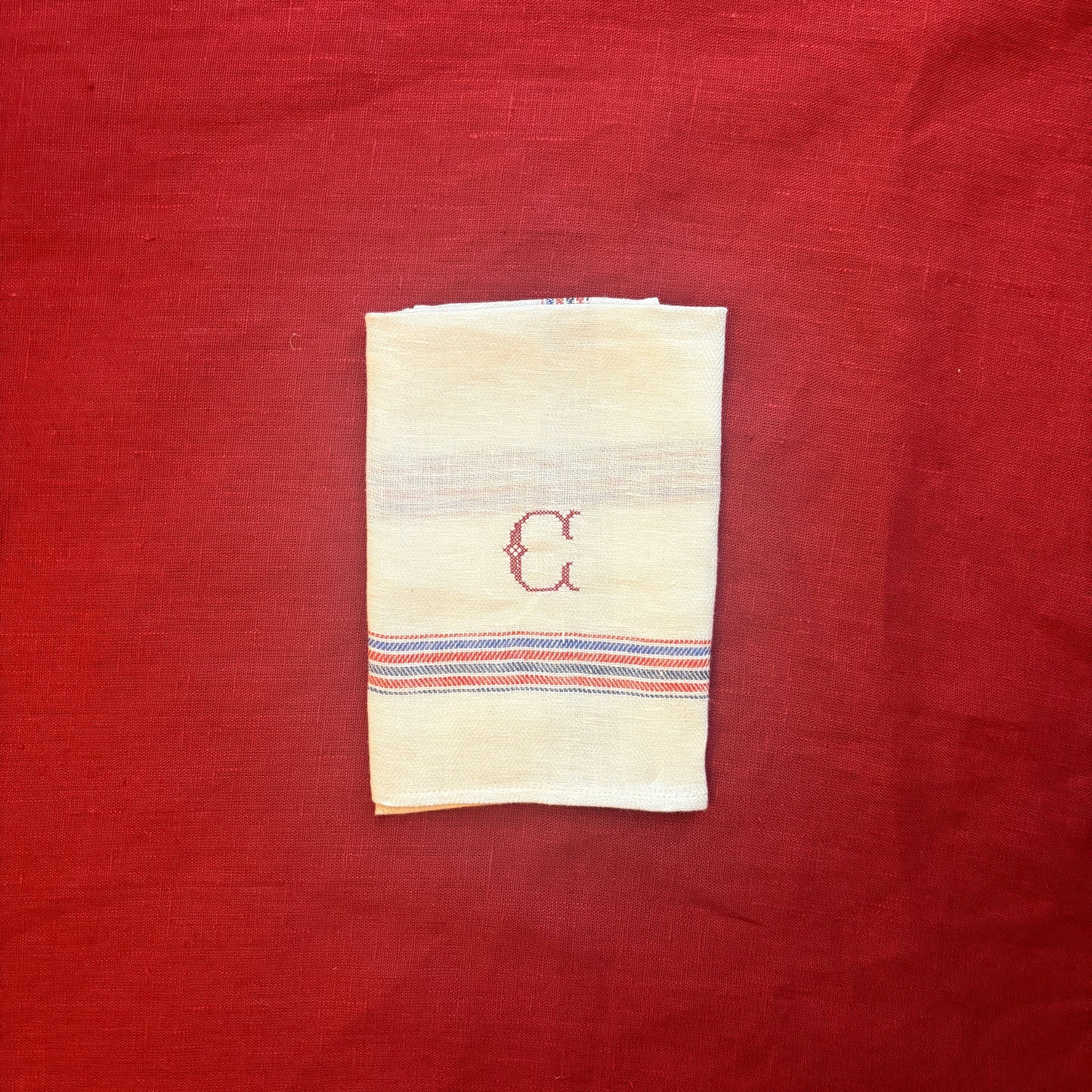 Kitchen Towel in French Red & Blue with Volga Red Cross Stitch Initial