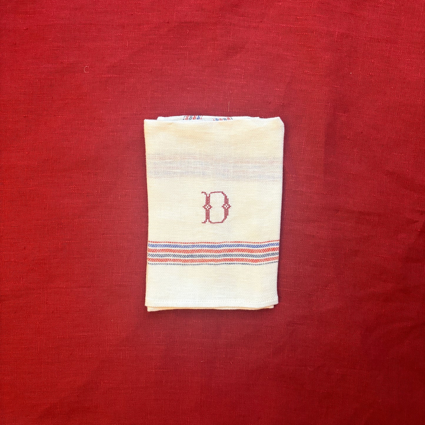 Kitchen Towel in French Red & Blue with Volga Red Cross Stitch Initial
