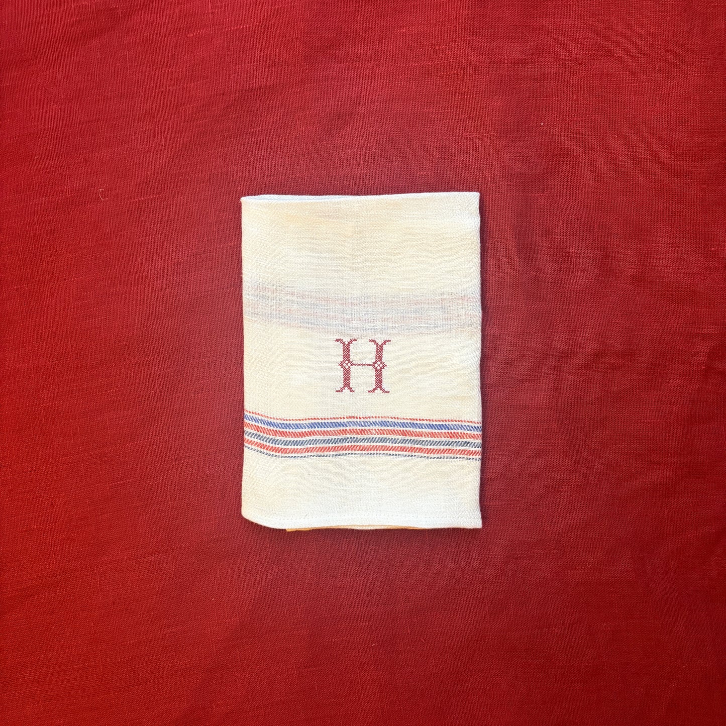 Kitchen Towel in French Red & Blue with Volga Red Cross Stitch Initial