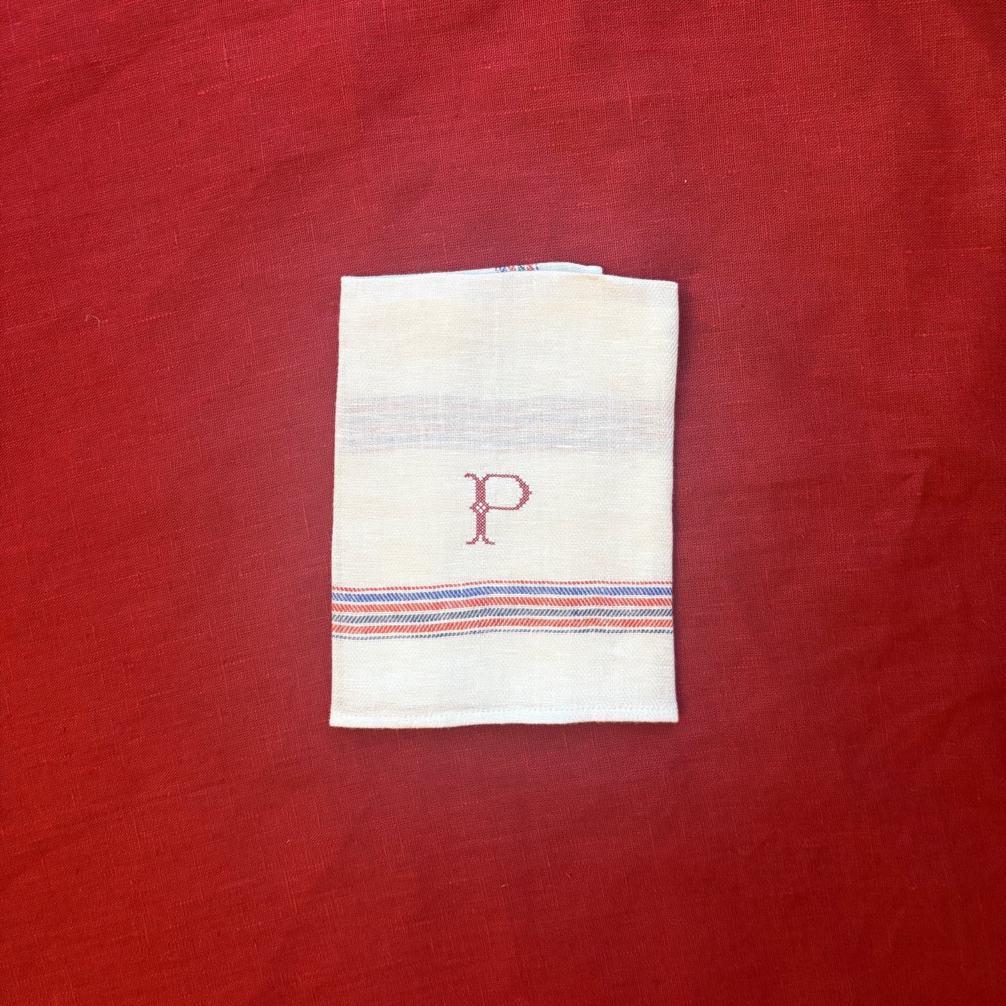 Kitchen Towel in French Red & Blue with Volga Red Cross Stitch Initial