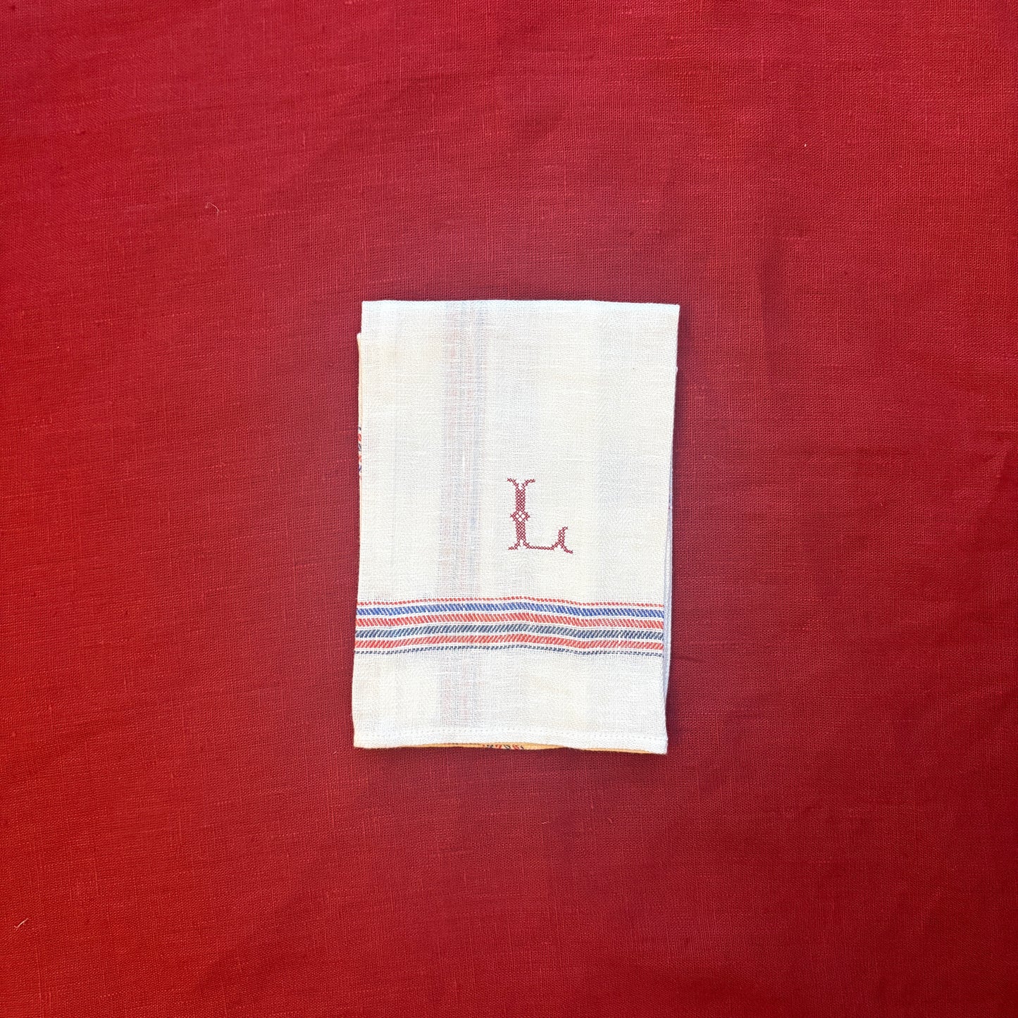 Kitchen Towel in French Red & Blue with Volga Red Cross Stitch Initial