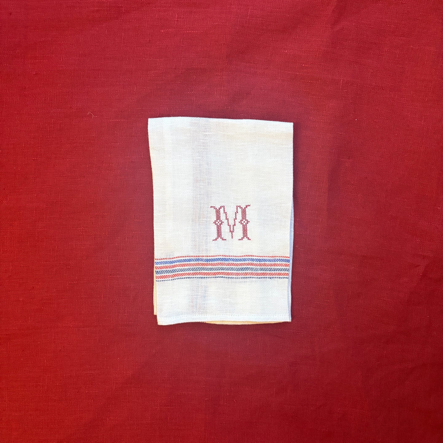 Kitchen Towel in French Red & Blue with Volga Red Cross Stitch Initial