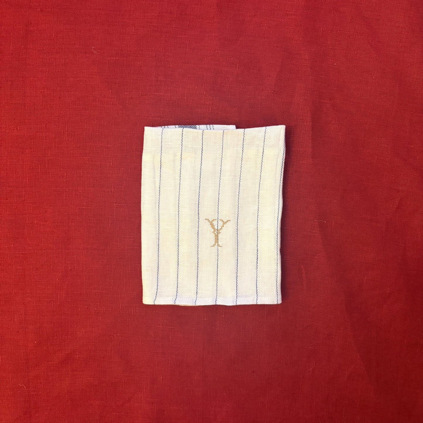 Kitchen Towel in French Blue with Antique Gold Cross Stitch Initial