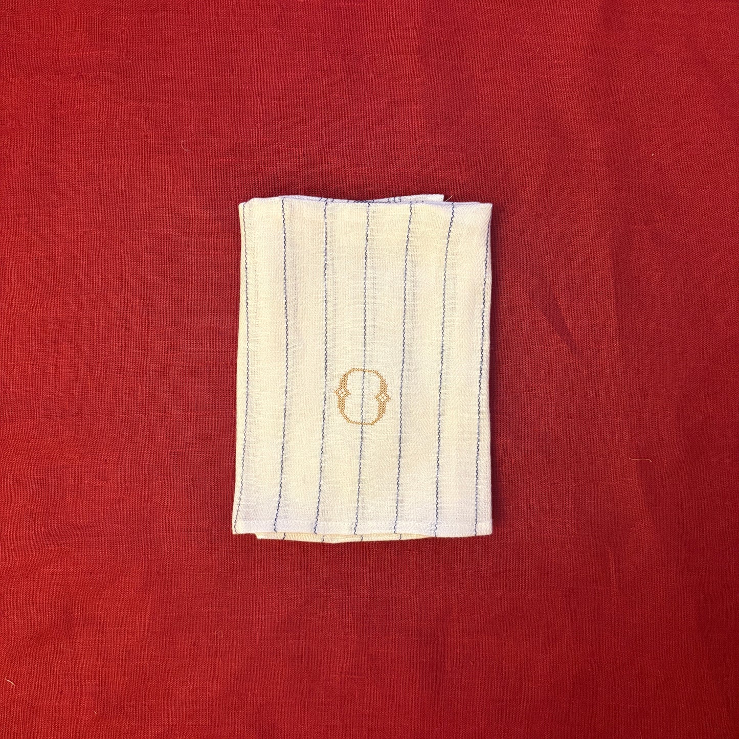 Kitchen Towel in French Blue with Antique Gold Cross Stitch Initial