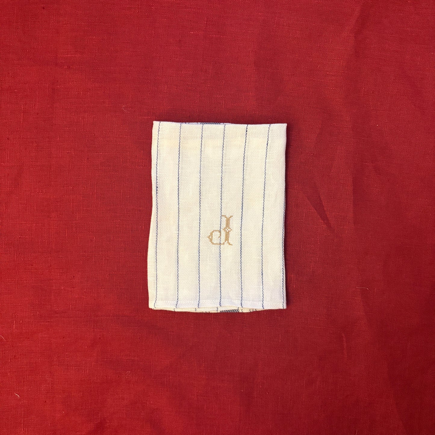 Kitchen Towel in French Blue with Antique Gold Cross Stitch Initial