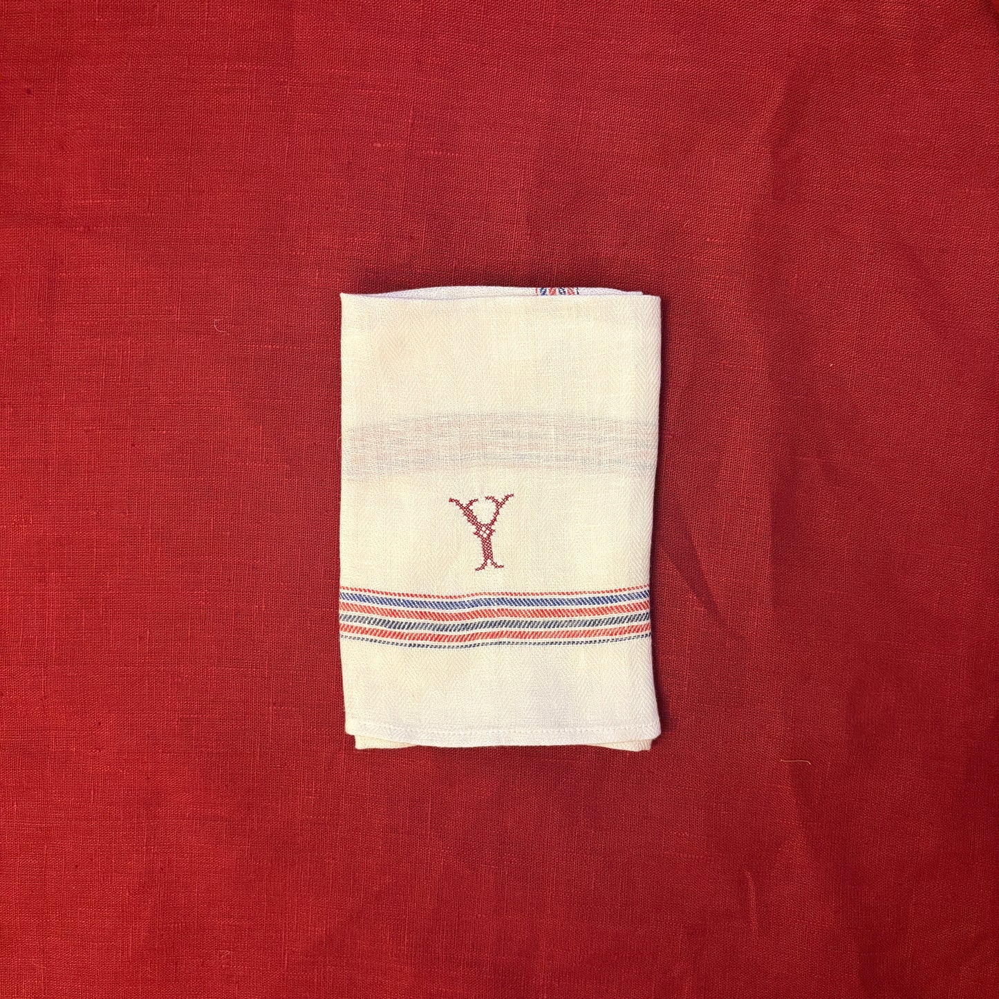 Kitchen Towel in French Red & Blue with Volga Red Cross Stitch Initial