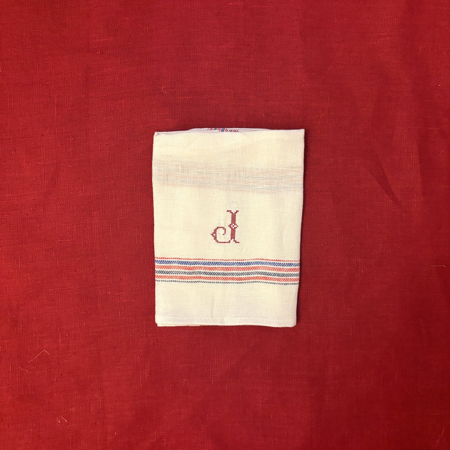 Kitchen Towel in French Red & Blue with Volga Red Cross Stitch Initial