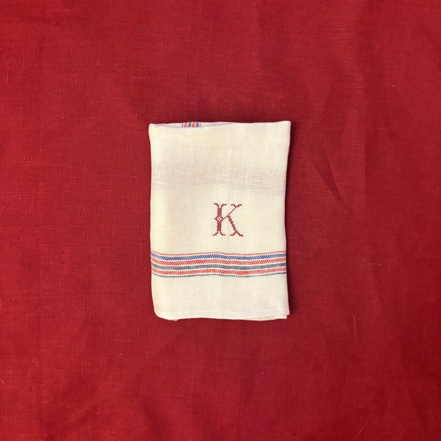 Kitchen Towel in French Red & Blue with Volga Red Cross Stitch Initial