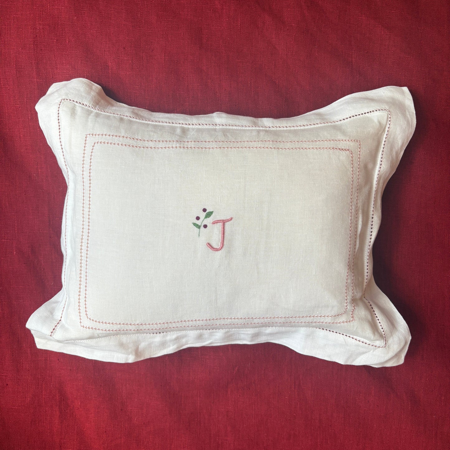 Elizaveta Boudoir Pillow in Coral Hemstitch with Hand Embroidery