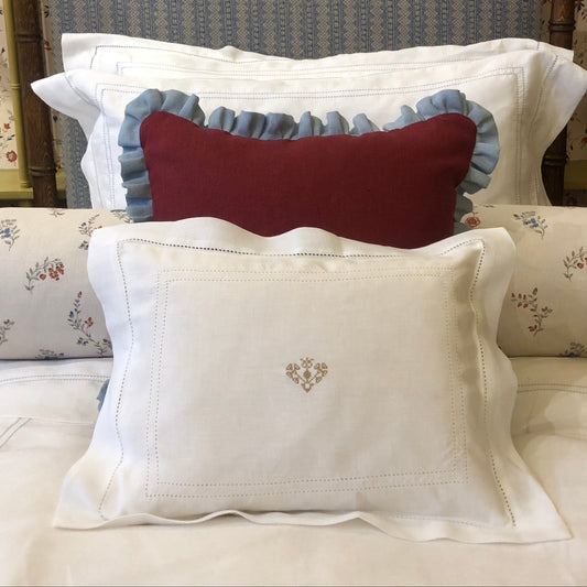 Elizaveta Boudoir Pillow in Ivory White Hemstitch with Crossed Heart Embroidery