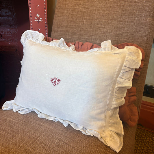 Boudoir Pillow with Frill Edge and Crossed Heart Embroidery in Volga Red