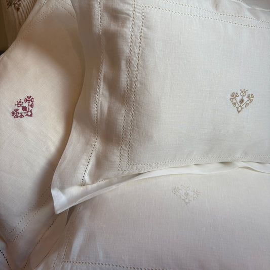 Elizaveta Boudoir Pillow in Ivory White Hemstitch with Crossed Heart Embroidery