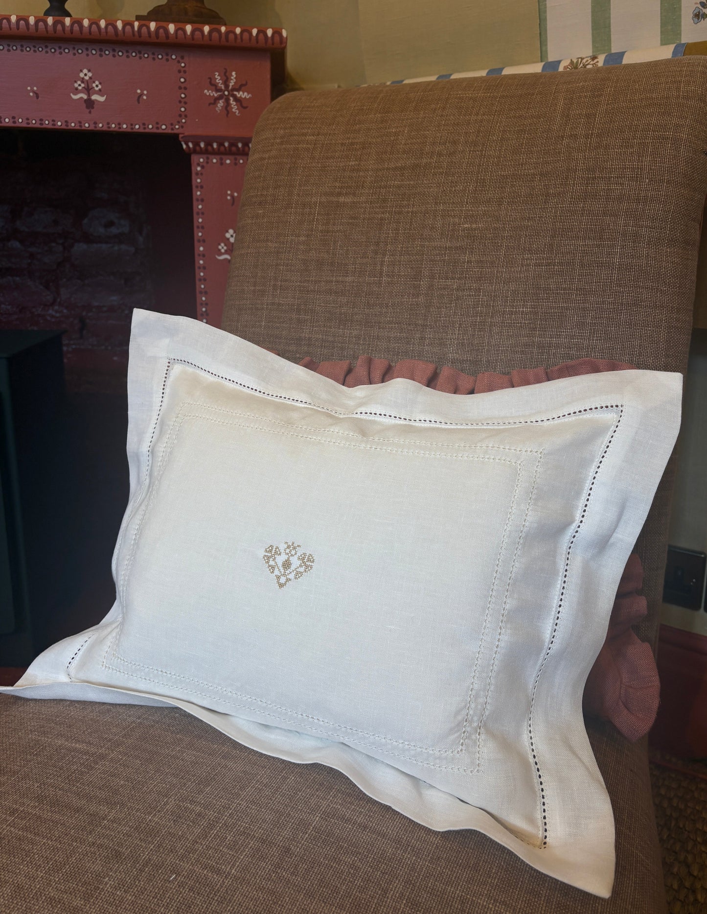 Elizaveta Boudoir Pillow in Ivory White Hemstitch with Crossed Heart Embroidery