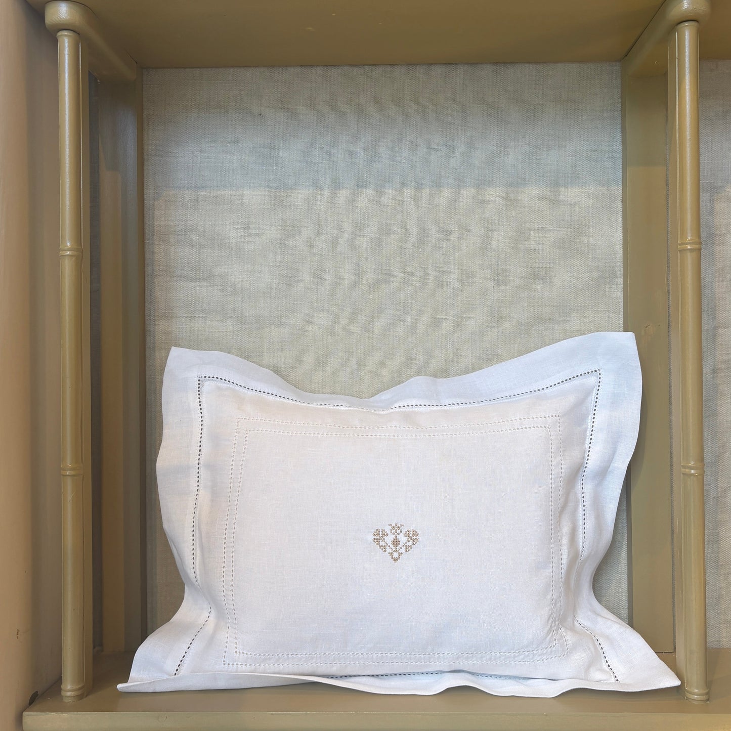 Elizaveta Boudoir Pillow in Ivory White Hemstitch with Crossed Heart Embroidery