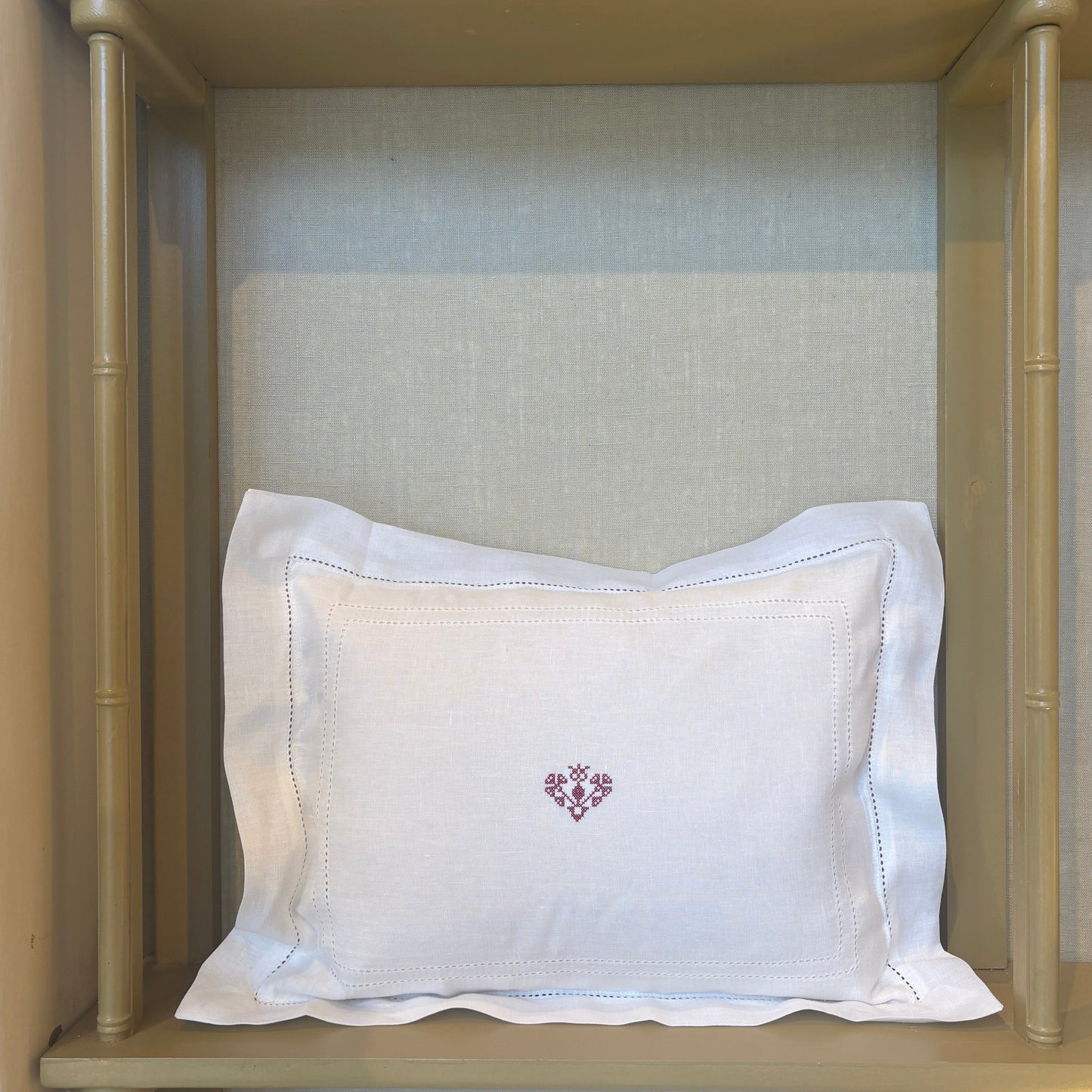 Elizaveta Boudoir Pillow in Ivory White Hemstitch with Crossed Heart Embroidery