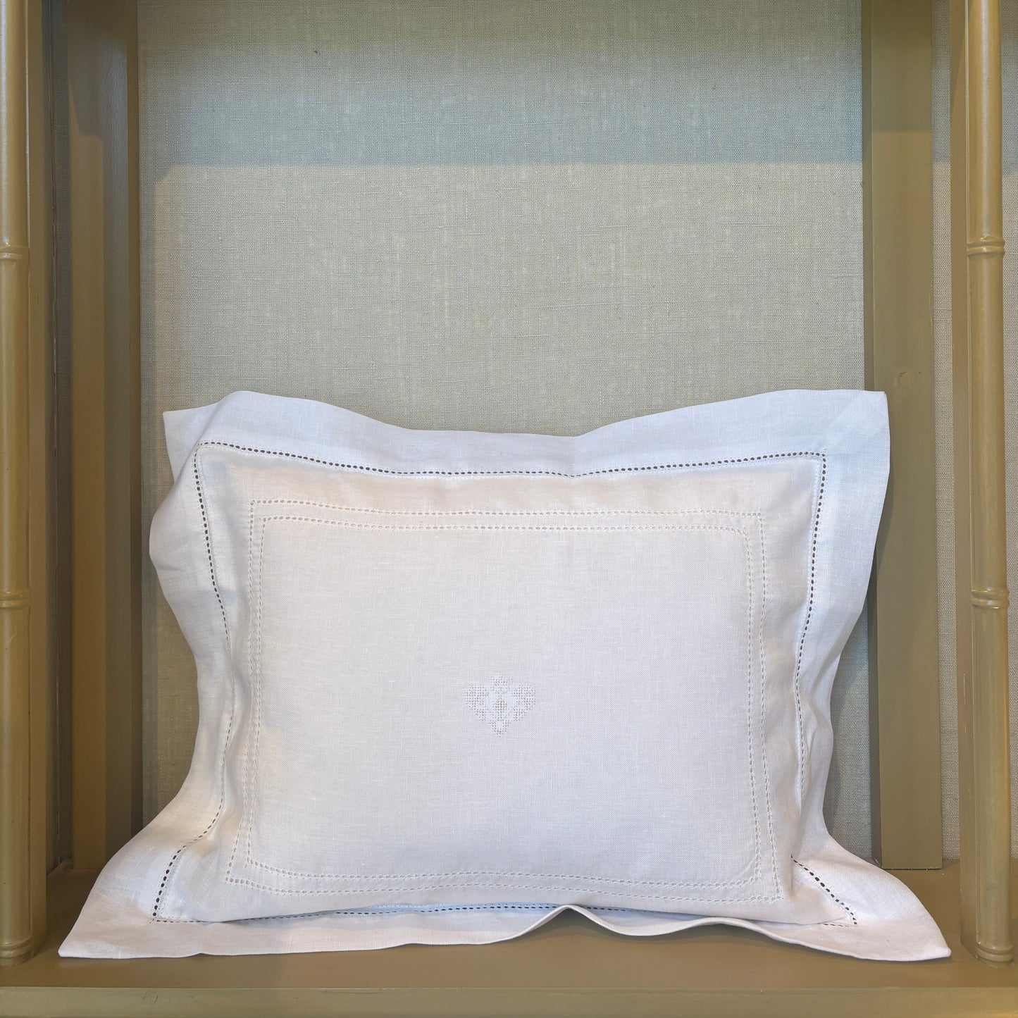 Elizaveta Boudoir Pillow in Ivory White Hemstitch with Crossed Heart Embroidery