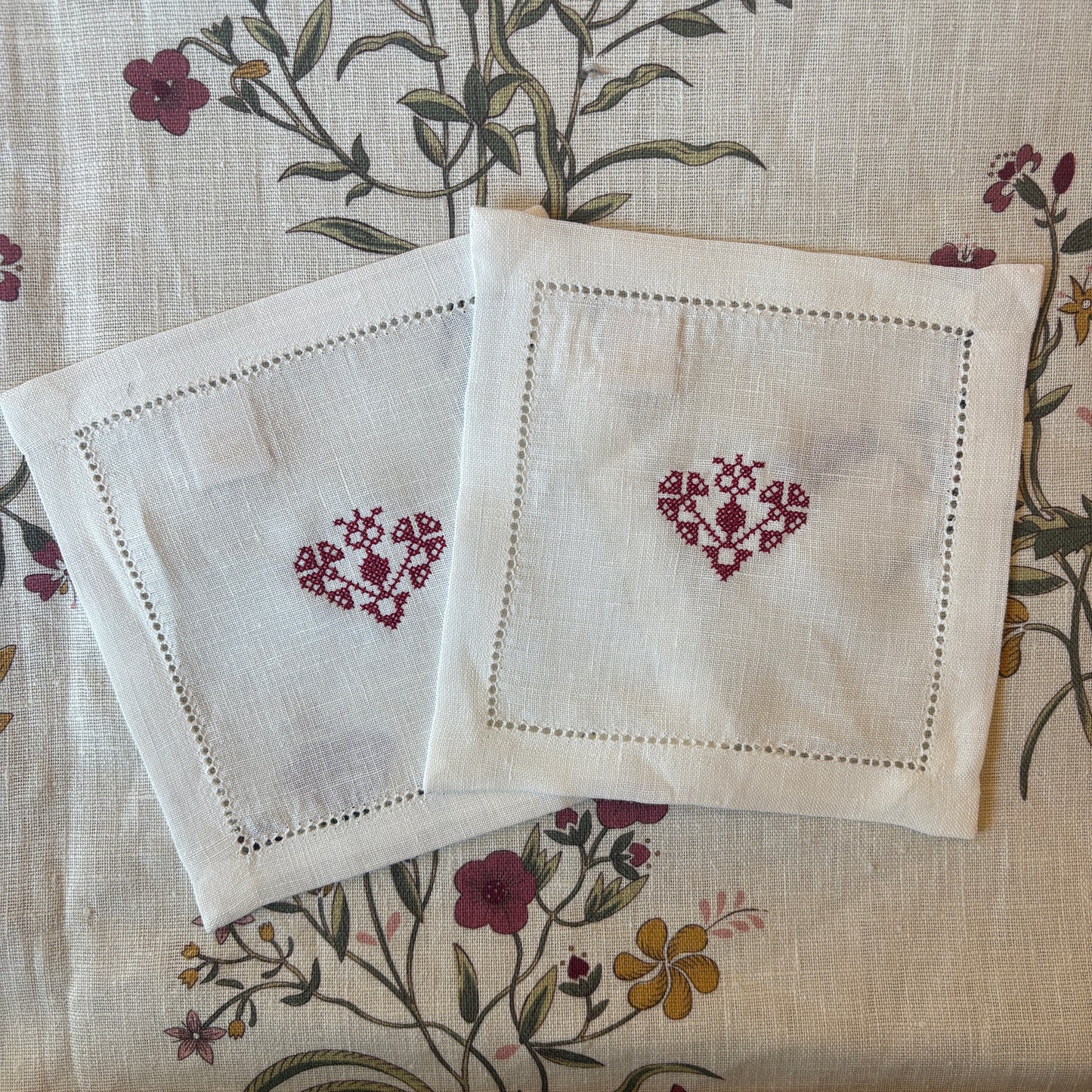 Hemstitch Cocktail Napkins with Crossed Heart Embroidery