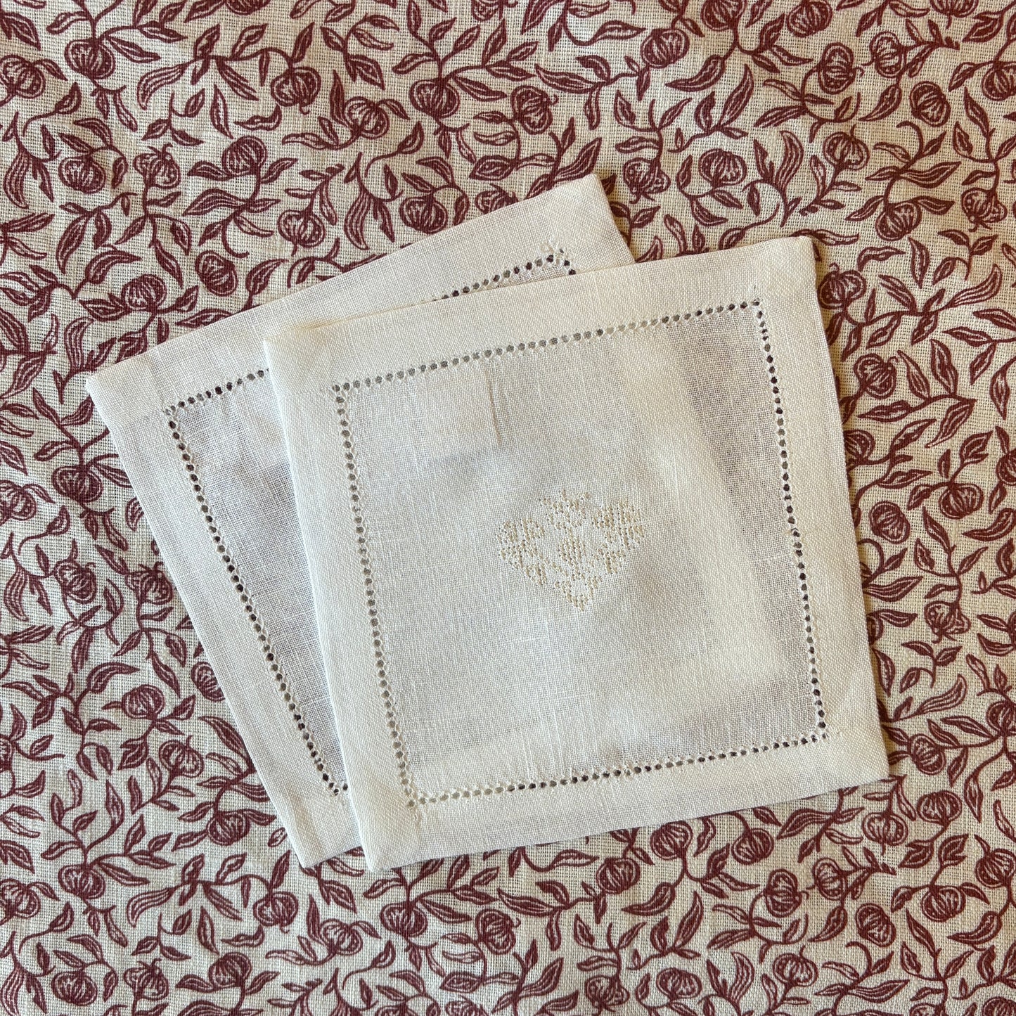 Hemstitch Cocktail Napkins with Crossed Heart Embroidery