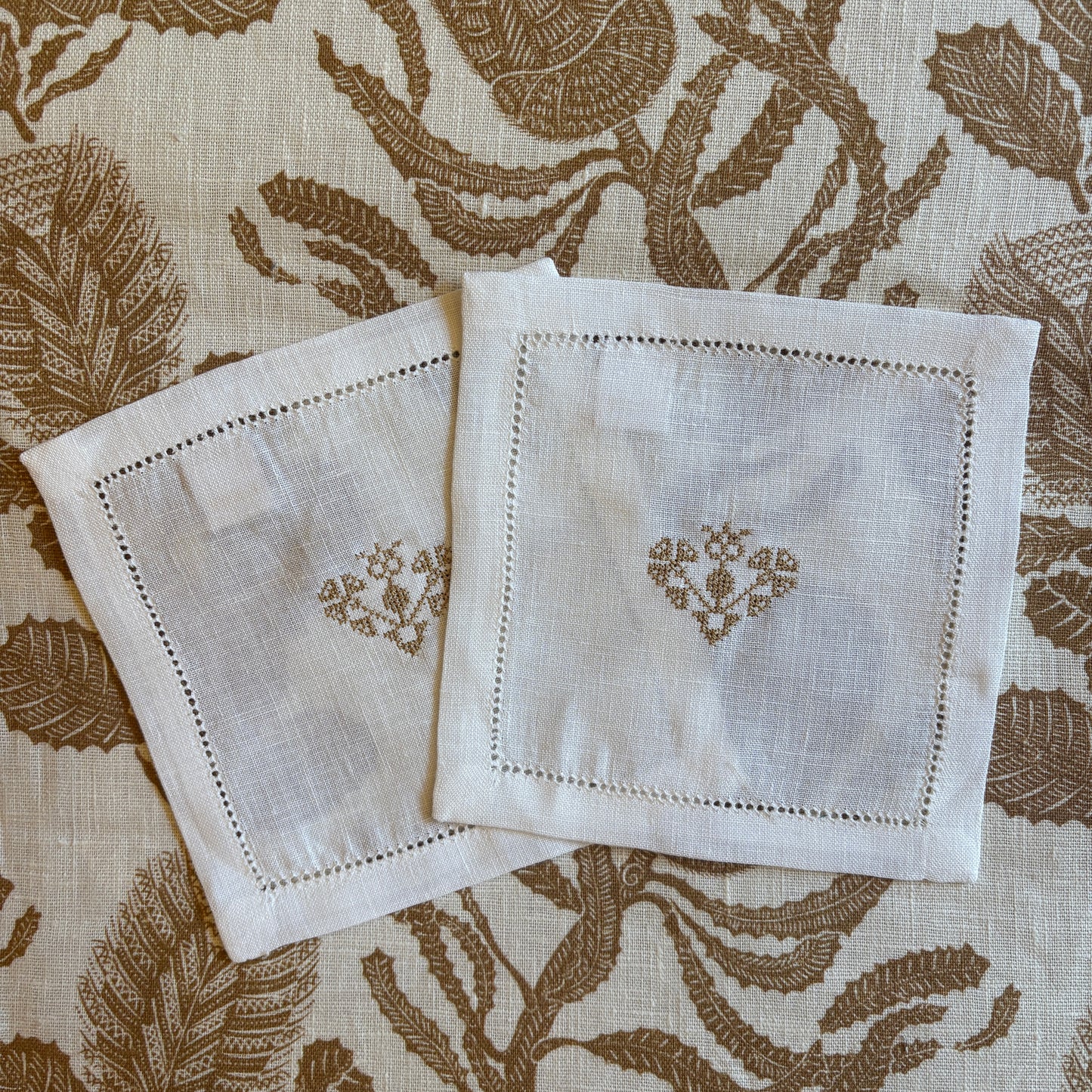 Hemstitch Cocktail Napkins with Crossed Heart Embroidery