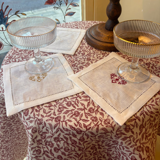 Pair of Hemstitch Cocktail Napkins with Crossed Heart Embroidery