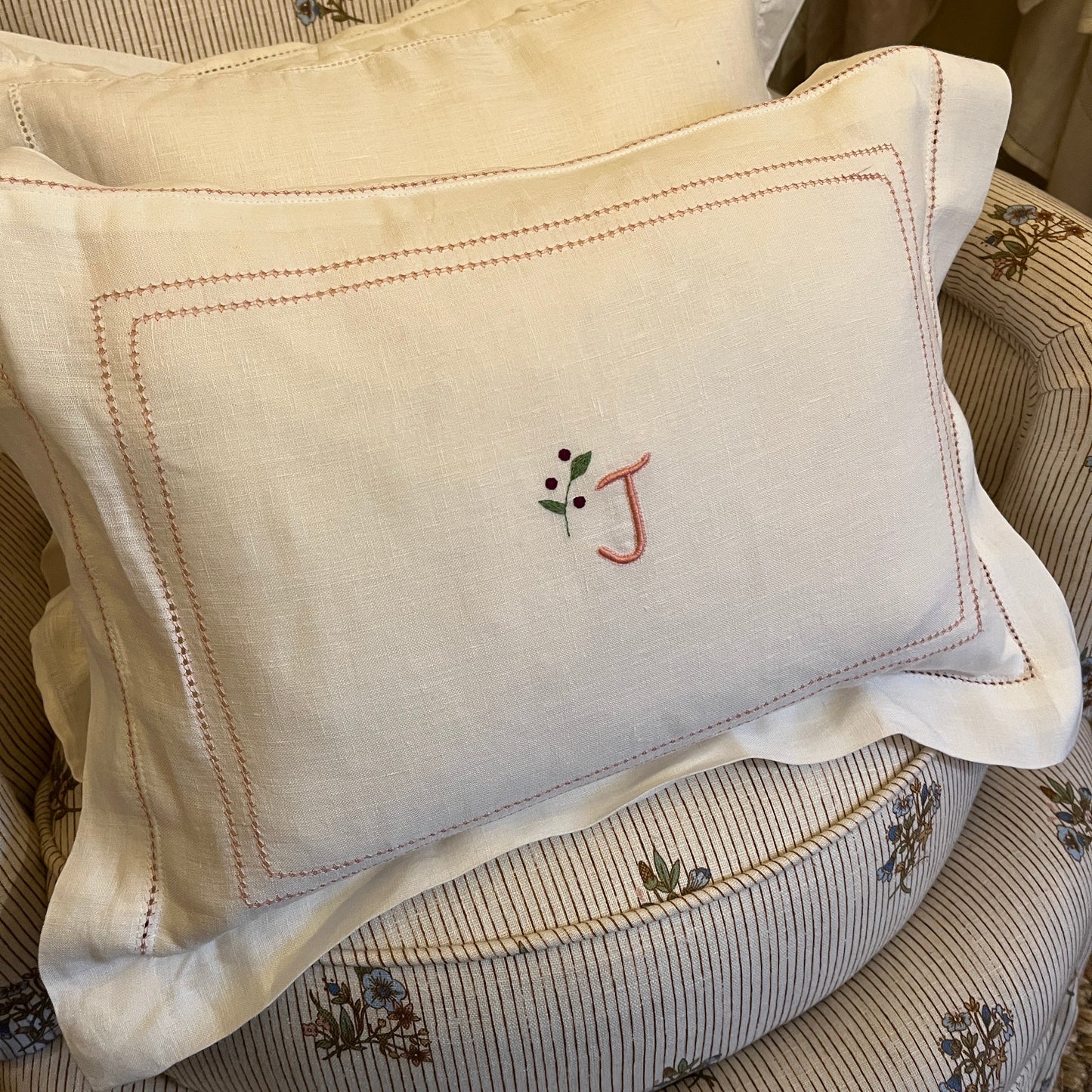 Elizaveta Boudoir Pillow in Coral Hemstitch with Hand Embroidery