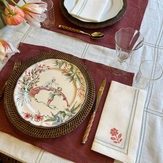 Set of Botanical Green Double Hemstitch Edge Napkins with Ruslan Floral Embroidery