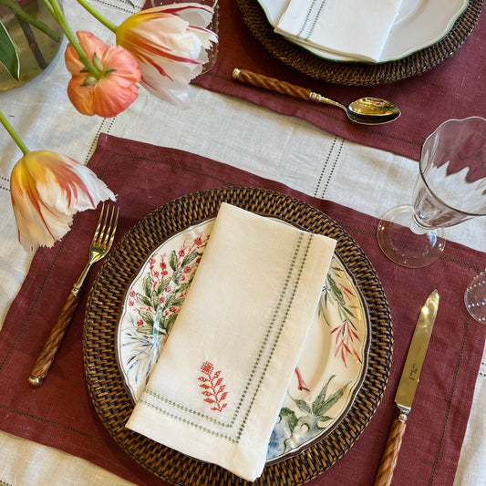 Set of Botanical Green Double Hemstitch Edge Napkins with Ludmila Floral Embroidery