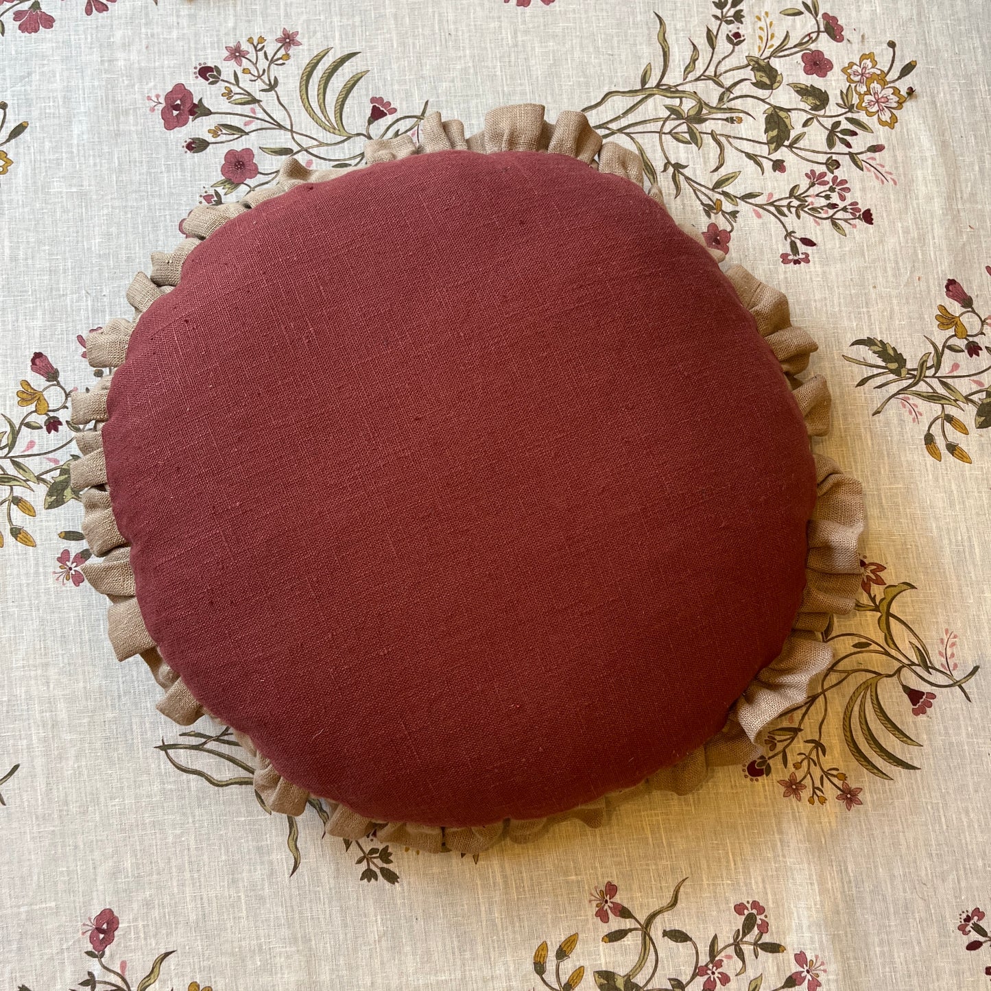 Ex Display Round Seat Cushion in Marsala With Tawny Gold Frill