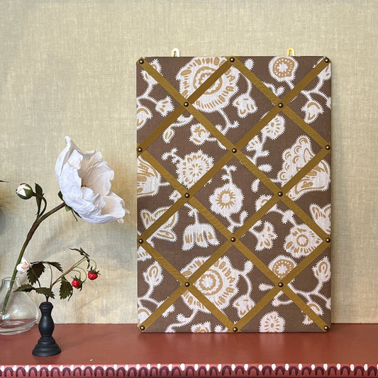 Ribboned Bulletin Board in Volga's Persian Poppy Print in Bronze with Old Gold Trim