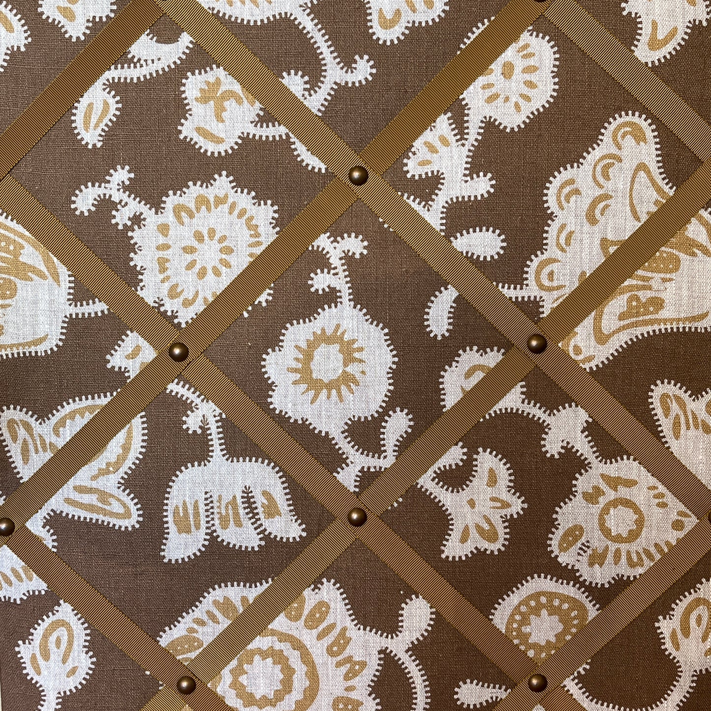 Ribboned Bulletin Board in Volga's Persian Poppy Print in Bronze with Old Gold Trim