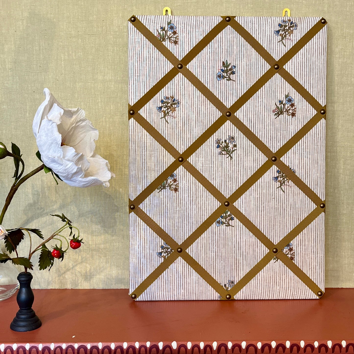 Ribboned Bulletin Board in Volga’s Flax & Field Posy Pinstripe Print with Old Gold Trim