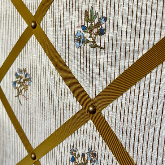 Ribboned Bulletin Board in Volga’s Flax & Field Posy Pinstripe Print with Old Gold Trim
