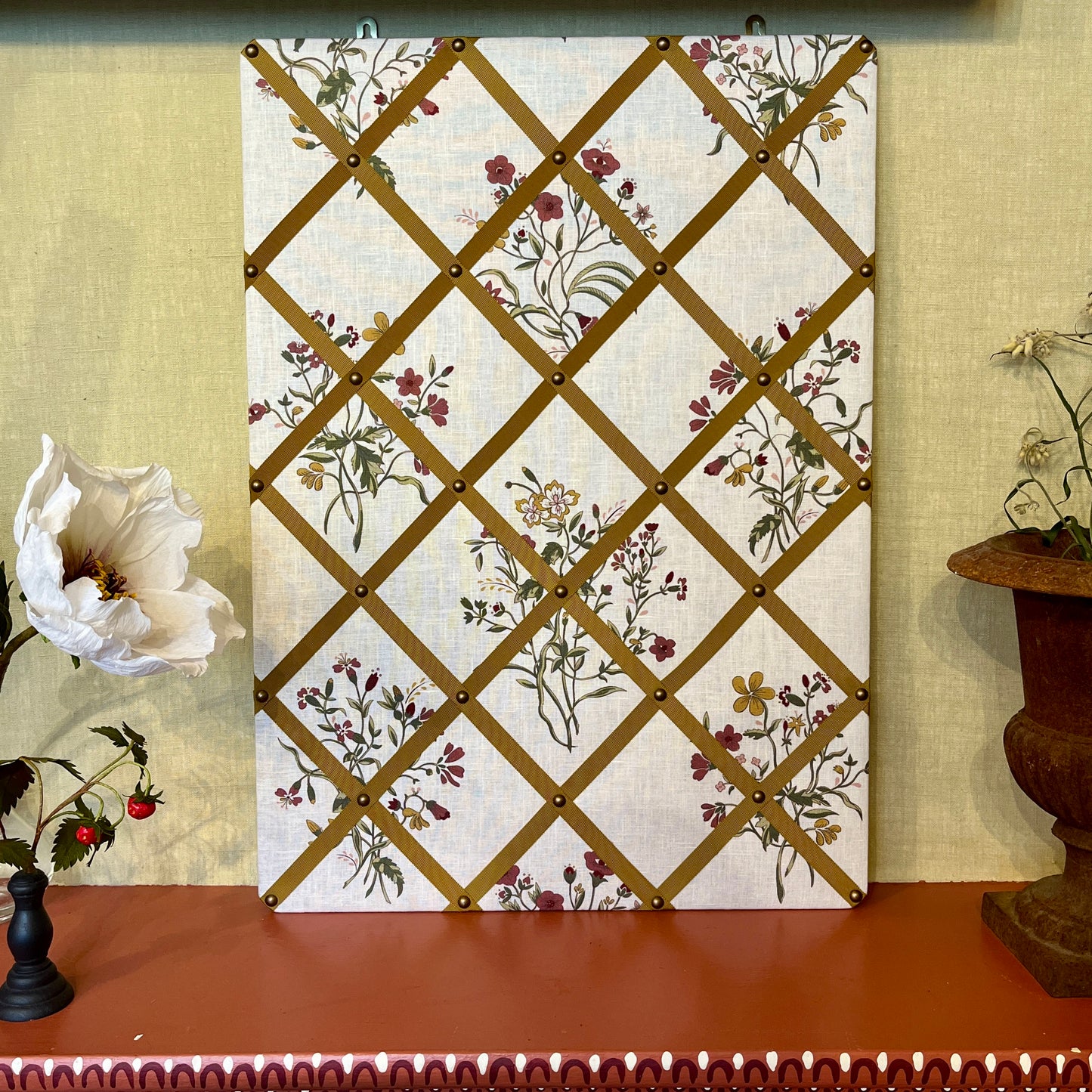 Ribboned Bulletin Board in Volga’s Flax & Field Flower Scarlet Print with Old Gold Trim