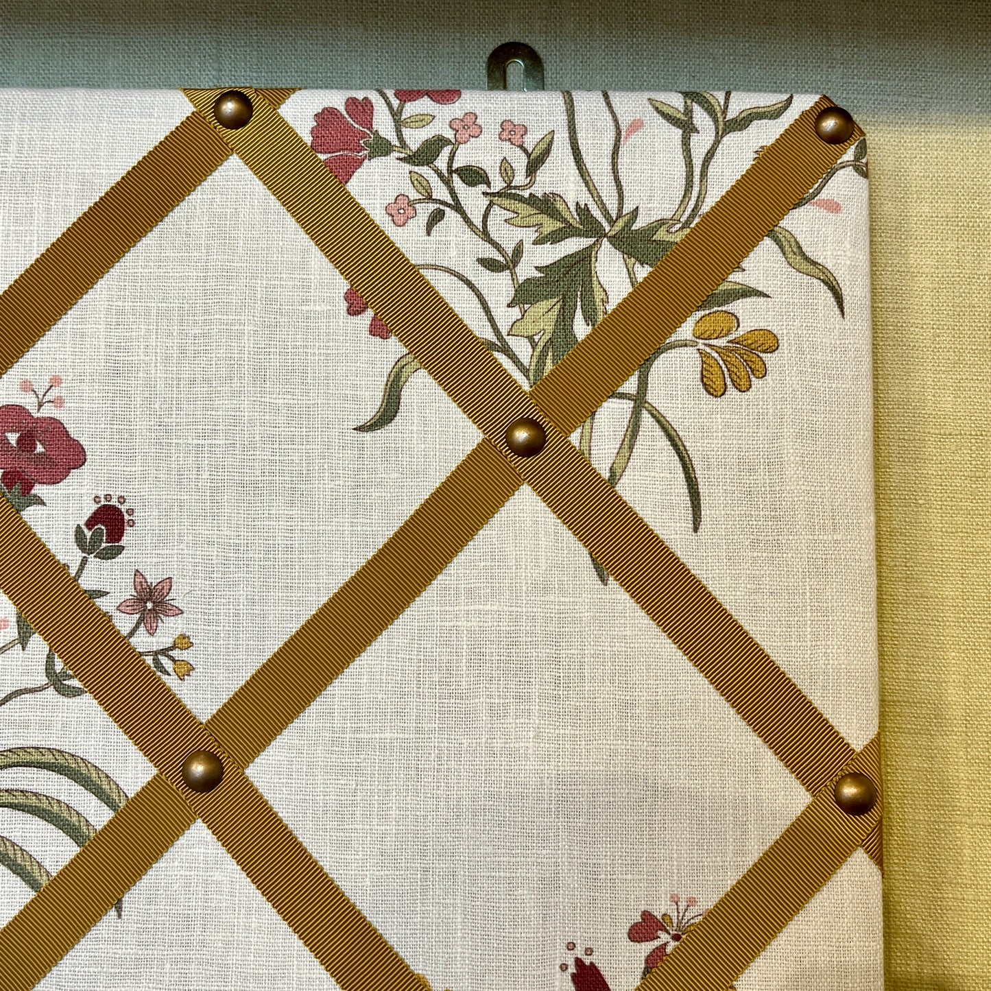 Ribboned Bulletin Board in Volga’s Flax & Field Flower Scarlet Print with Old Gold Trim