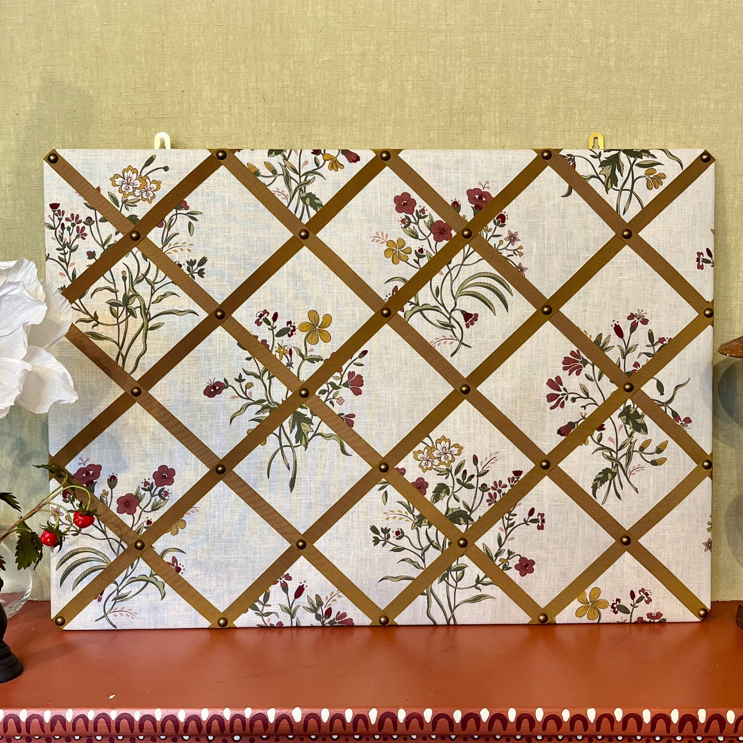 Ribboned Bulletin Board in Volga’s Flax & Field Flower Scarlet Print with Old Gold Trim