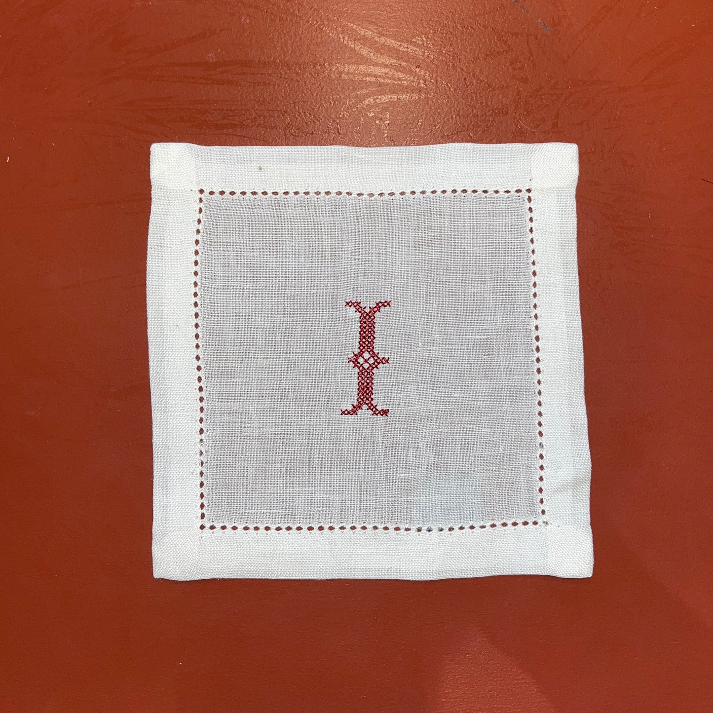Cocktail Napkin Hemstitch with Red Cross Stitch Initial