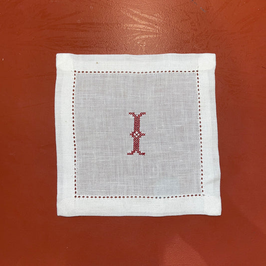 Cocktail Napkin Hemstitch with Red Cross Stitch Initial