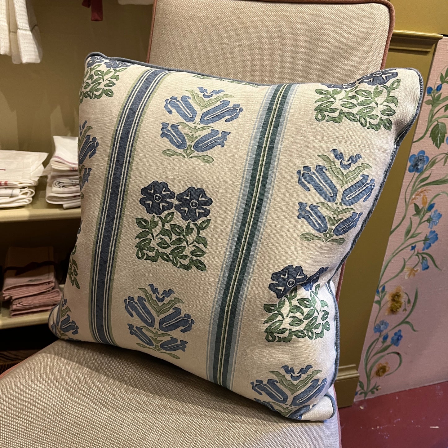 Folkloric Floral Print Cushion with Chambray Blue Piping