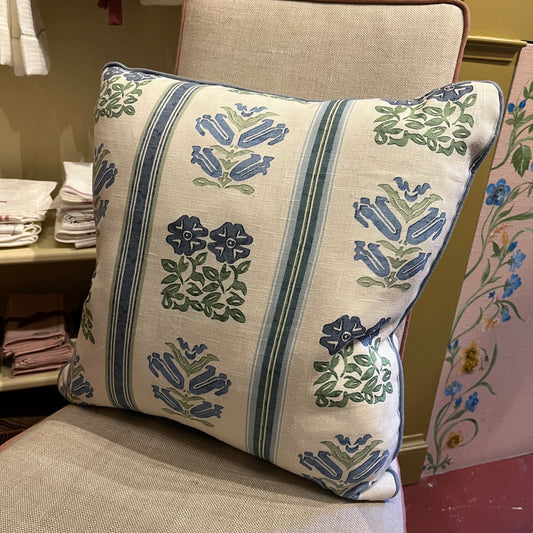 Folkloric Floral Print Cushion with Chambray Blue Piping