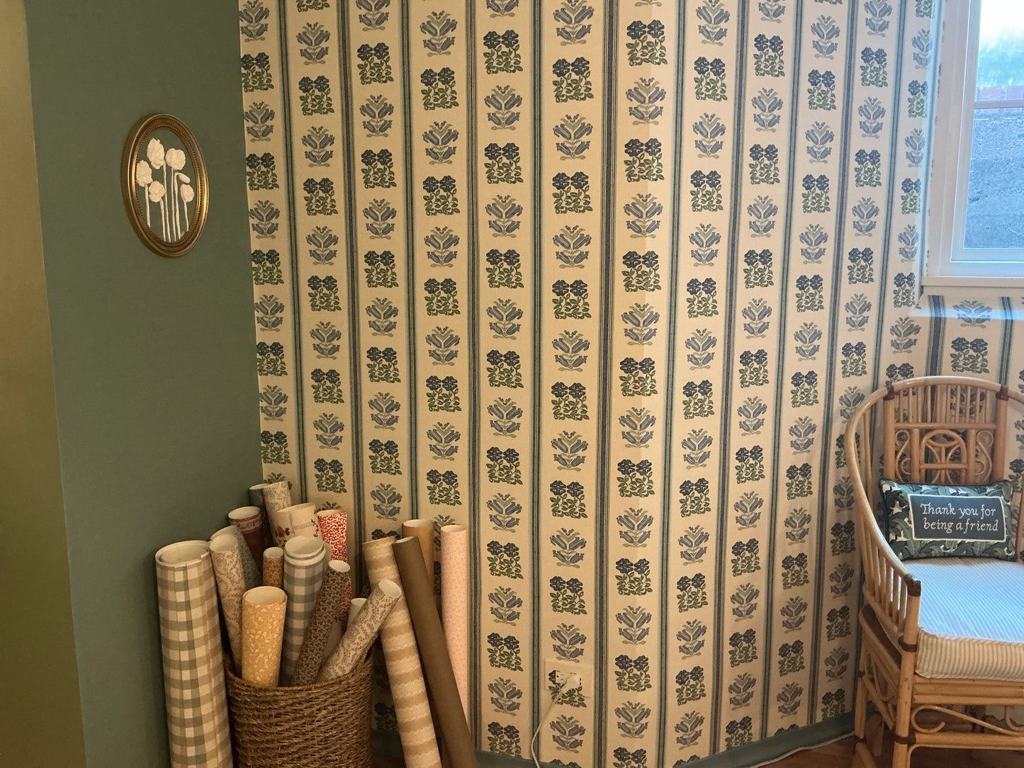 Paper-Backed Folkloric Floral Stripe Printed Linen Wallcovering Delft Blue/Oyster